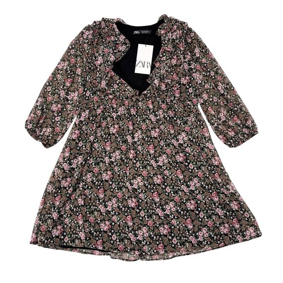 Zara Dress Size Small Multicolor Floral Ruffle Trim 3/4 Sleeves Flowy Shift NEW - Picture 1 of 11